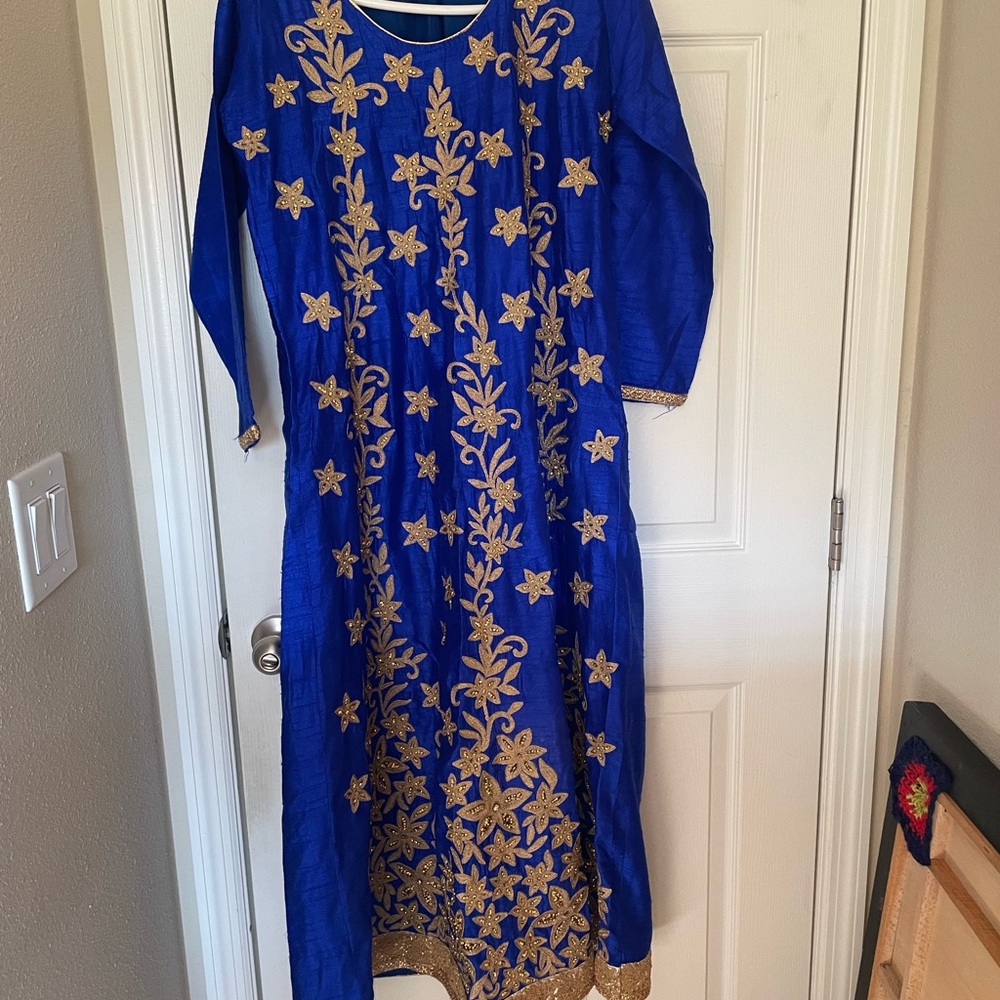 Royal Blue Embroidered Women's Dress with Gold Accents